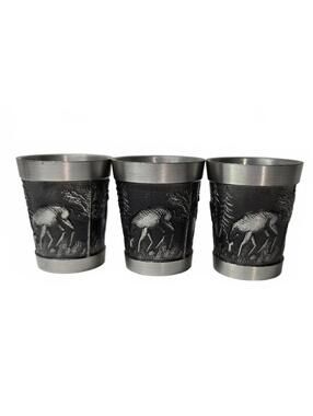 German Pewter 92% Wildlife Deer Shot Glass Trio / Schnapsbecher Set / Vintage